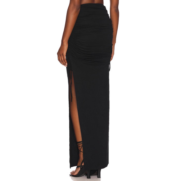 Superdown Black Ruched Maxi Skirt LARGE High Side Slits Revolve Domique $92 NEW - Picture 2 of 12
